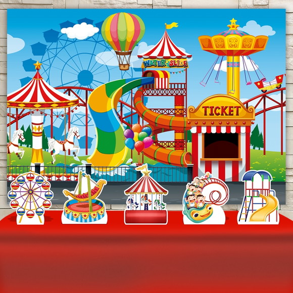 Kit Festa Prata Painel + Display Parque de Diversões