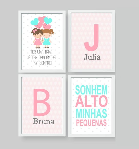 Quadros Infantil Meninas Irmãs Balões Sonhem Alto e Nomes A4