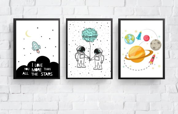 Quadros Infantil Meninos Astronautas Foguete e Planetas A3