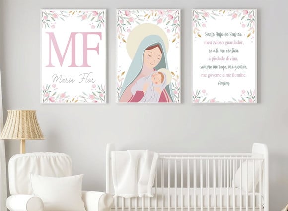 Quadros Infantil Nossa Senhora Flores Nome e Oração Anjo A3