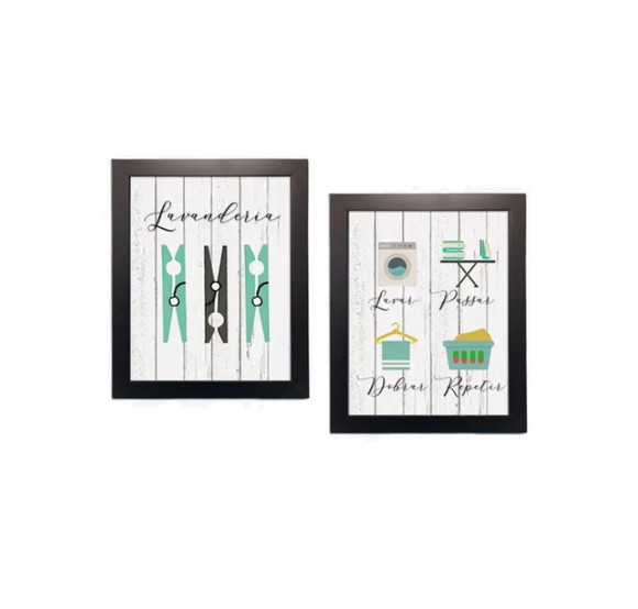 Kit 2 Quadros Decorativos Lavanderia Área de Serviço Roupas