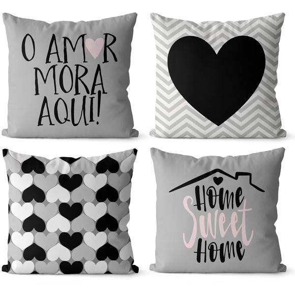 Kit 4 Capas Almofadas Decorativa Preto e Cinza