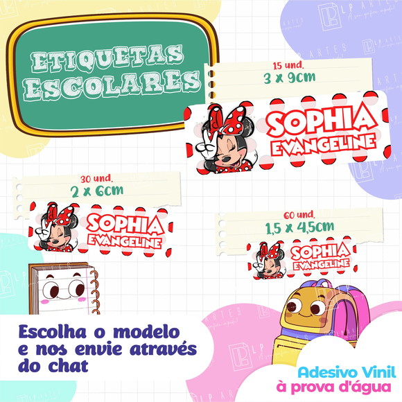 110 Etiquetas Adesivo Escolar em Vinil - Minnie Vermelha