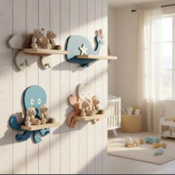Kit Prateleira Baleia Polvo Caranguejo Tartaruga Decoração
