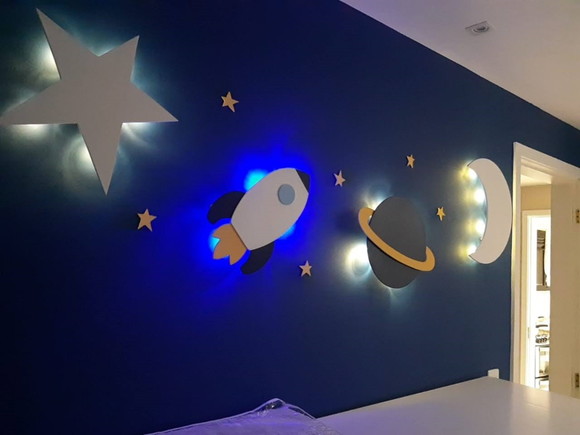 Saturno Foguete Lua Estrela e Astronauta Luminária Led 5 Pc