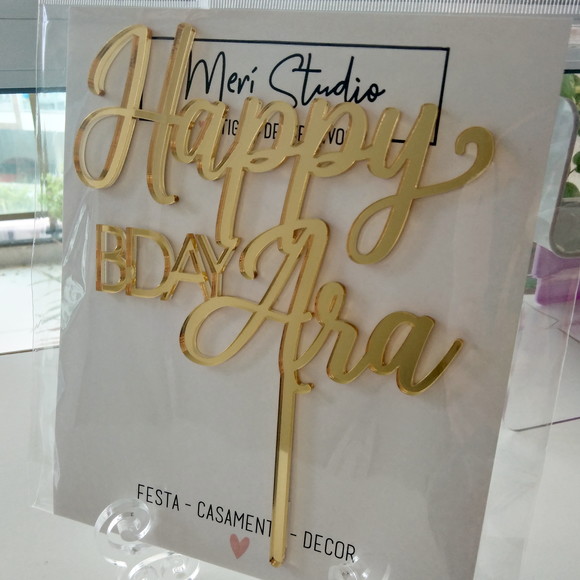 Topo de Bolo em Acrílico Happy Bday com Nome Individual