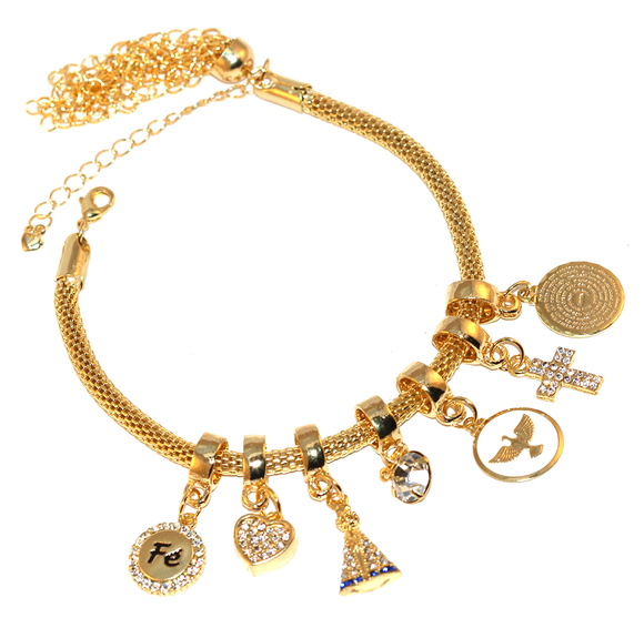 3 Pulseiras Berloques Religiosa Aparecida Fé Folheado Ouro