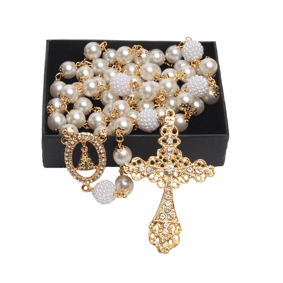 Terço Noiva Casamento Buque Perolas Folheado Ouro 18k