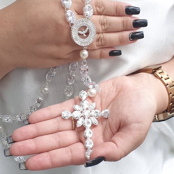 Terço Noiva com Zircônia Espirito Santo Folheado a Prata