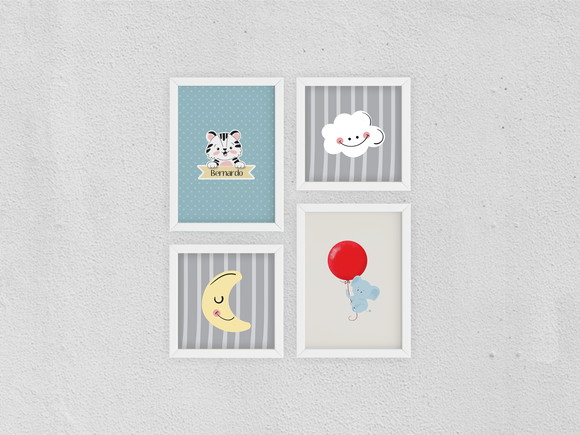 4 Quadros Decoração Quarto Bebê Bichinhos c/ Nome