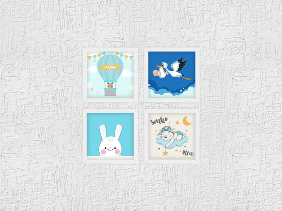 4 Quadros Decoração Quarto Bebê Bichinhos c/ Nome