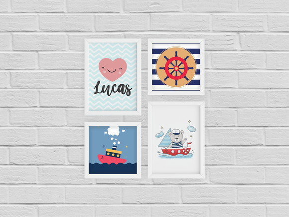 4 Quadros Decoração Quarto Bebê Marinheiro c/ Nome