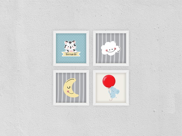 4 Quadros Decoração Quarto Bichinhos, Nuvem c/ Nome