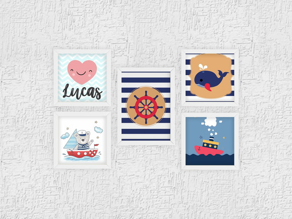 5 Quadro Decoração Quarto Bebê Marinheiro c/ Nome