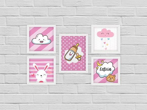5 Quadro Decoração Quarto Bebê Menina c/ Nome Personalizado