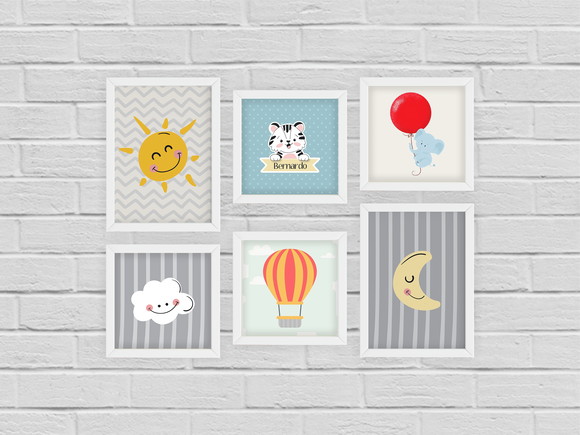 6 Quadros Decoração Quarto Bebê Bichinhos c/ Nome