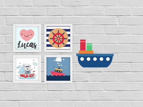 Kit Quadro Bebê Marinheiro Personalizado + Placa Navio