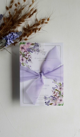 Convite Casamento Lavanda Vegetal Faixa Tecido Desfiado
