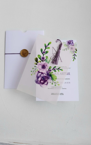 Convite Casamento Lavanda, Vegetal Floral Lacre Cera, Tassel