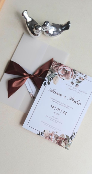 Convite de Casamento Vegetal Fita Cetim Mocha Mousse