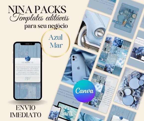 Pack Canva Azul Mar 250 Templates Editáveis Feed Organizado