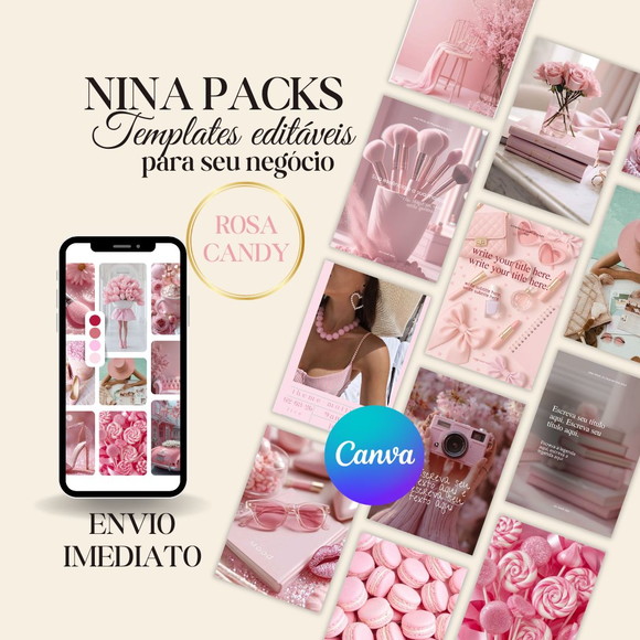 Pack Canva Rosa Cand 200 Templates Editáveis Feed Organizado