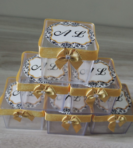 Caixinha de Acrílico Personalizada Casamento Dourado
