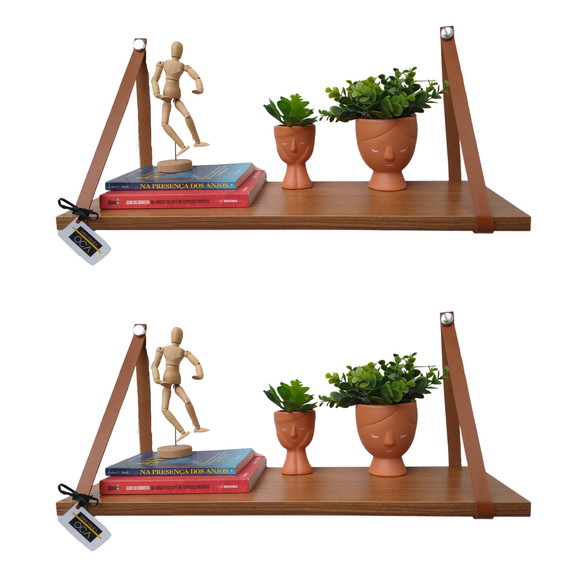 Kit 2 Prateleiras mdf Louro Freijo Alça Couro Caramelo 80 cm
