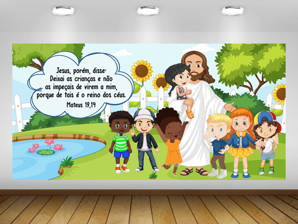 Painel Jesus com as Crianças Jardim2x1,50m - Impressão Lona