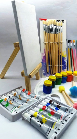 50 Itens Cavalete Tela Pintura Bisnaga Tinta Pincel Paleta