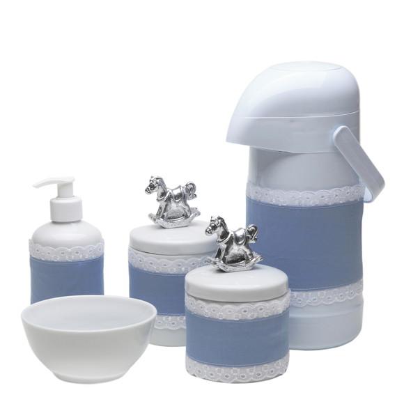 Kit Higiene Bebe Cavalinho Prata Prateado Garrafa Porcelana