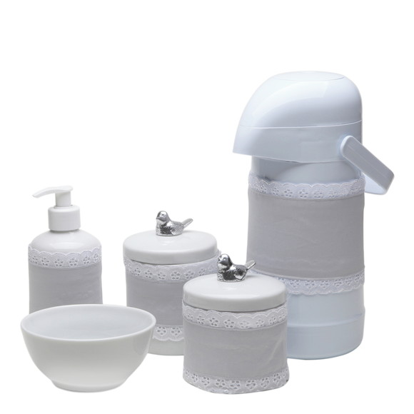 Kit Higiene Bebe Pássaros Passarinho Porcelana Prata Garrafa