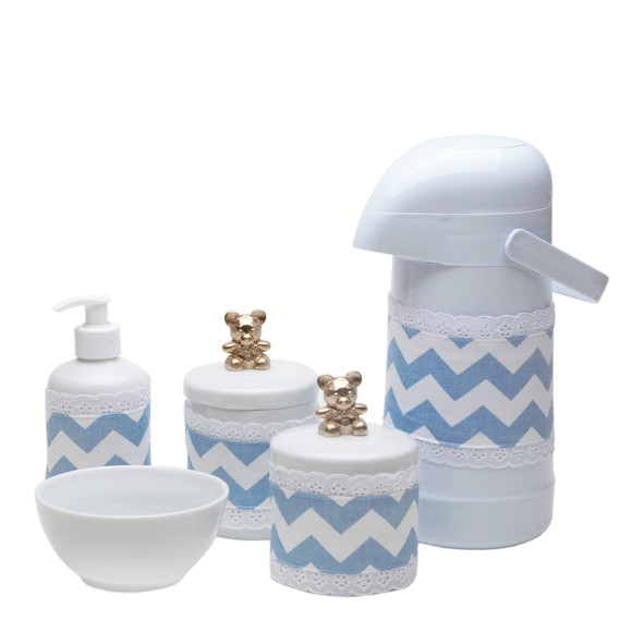Kit Higiene Bebe Ursinho Dourado Porcelana Pote Garrafa Azul
