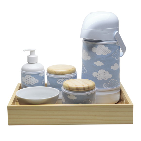 Kit Higiene Madeira Azul Chevron Nuvem Quarto Porcelana Bebê