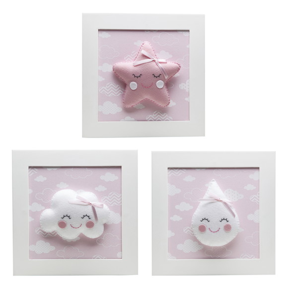 Trio Quadrinhos Quadro Chuva Amor Quarto Bebê Infantil Rosa