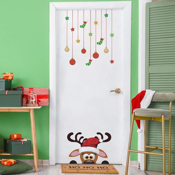 Decoração de Natal Adesivo Rena e Enfeites Parede Porta