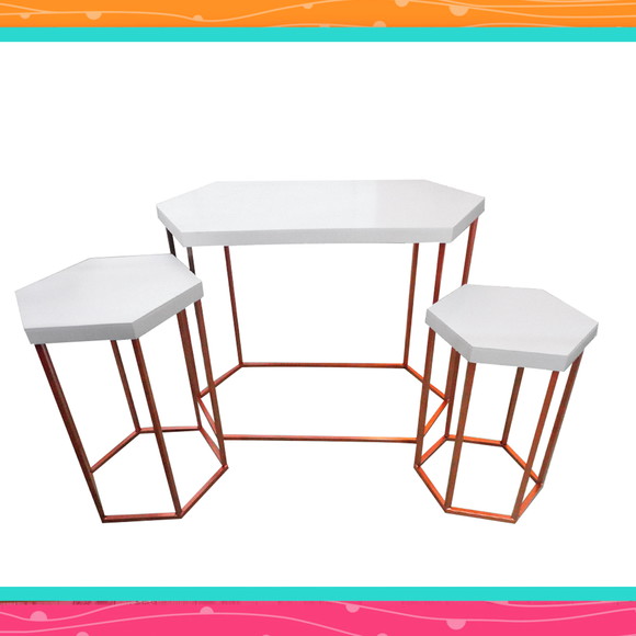 Trio Mesas Sextavadas - Branco Rose Gold - Locação - Sp