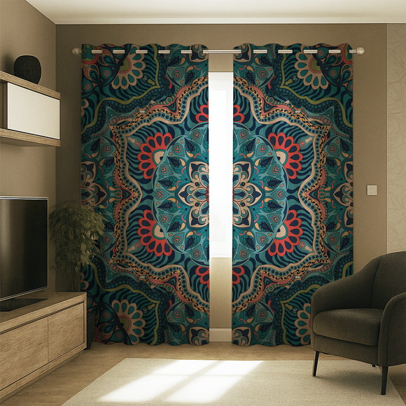 Cortina Mandala Azul Salmão 2,90x2,50m Decorativa Synth