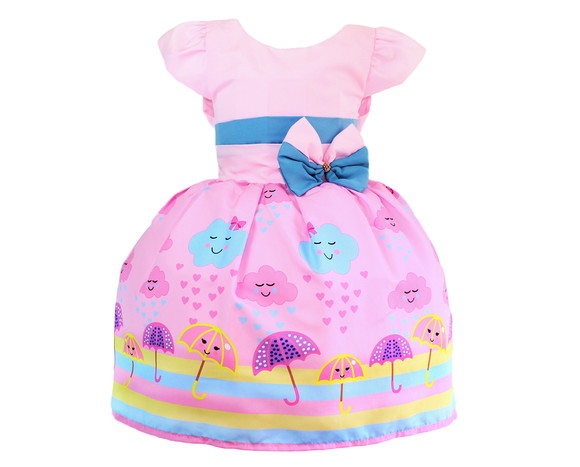 Vestido de festa tematico infantil Chuva de Amor Nuvens Rosa